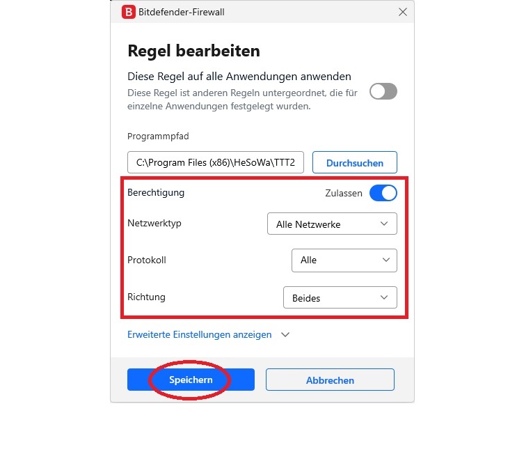 Stellen Sie die abgebildeten Parameter ein und klicken Sie auf "Speichern".