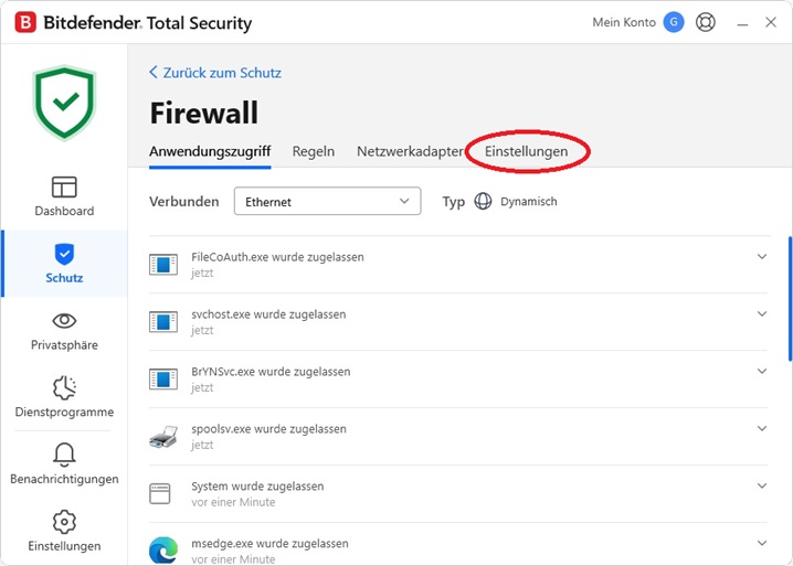 Danach aktivieren Sie im "Firewall" die Karte "Einstellungen".