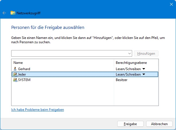 Überprüfen Sie, ob die Gruppe "Jeder" die Berechtigungen "Lesen/Schreiben" hat.