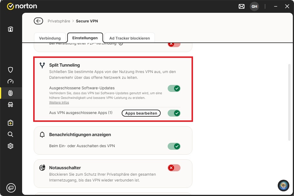 Unter "Split Tunneling" aktivieren Sie "Ausgeschlossene Software-Updates" und "Aus VPN ausgeschlossene Apps".