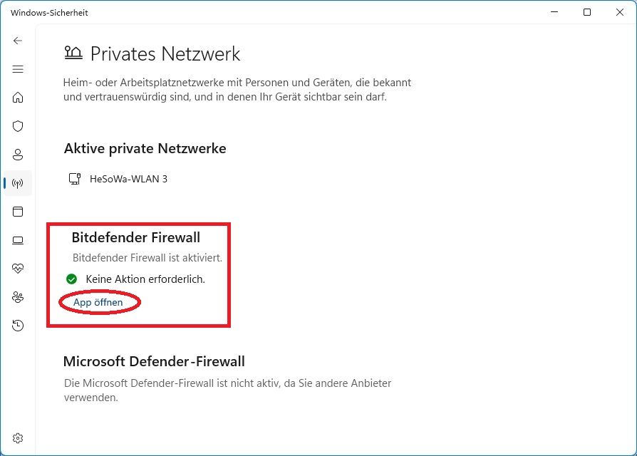 Es wird angezeigt, dass der Bitdefender Firewall aktiviert ist. Klicken Sie auf "App öffnen".