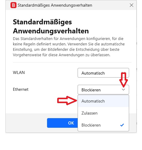 Setzen Sie das Standardverhalten für Ethernet auf "Automatisch".