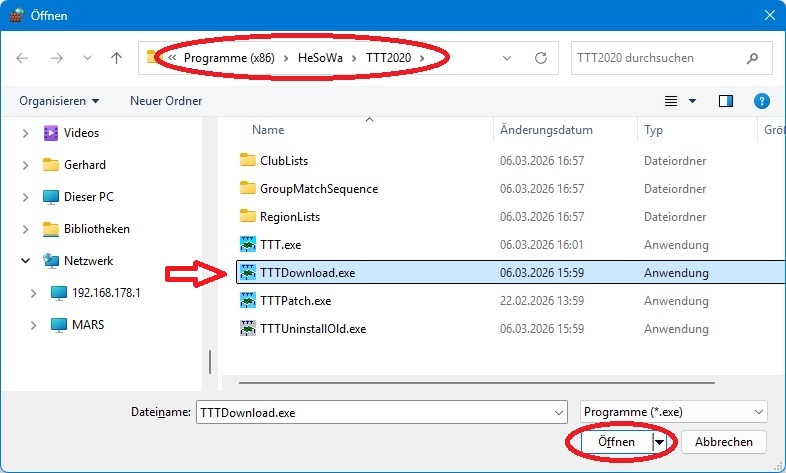 Selektieren Sie das Programm "TTTDownload.exe" und klicken Sie auf "Öffnen".
