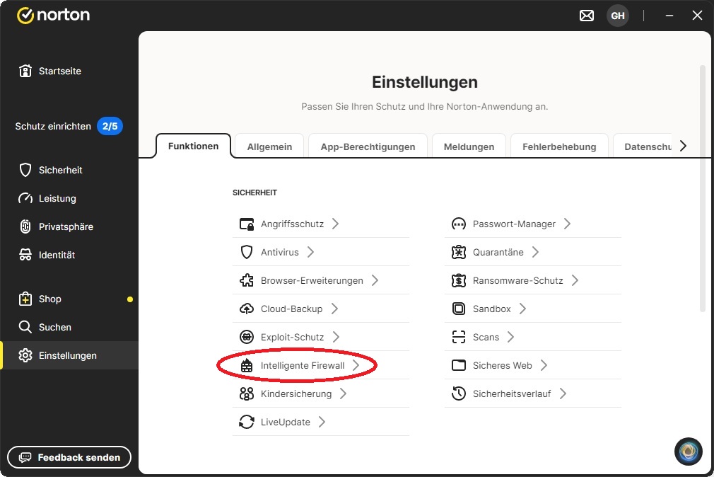 Die Einstellungen werden mit der Karte "Funktionen" geöffnet. Klicken Sie auf "Intelligente Firewall".