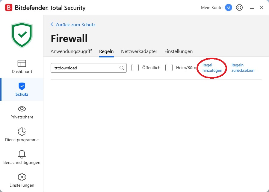 Wenn die Suche nach "tttdownload" keinen Treffer ergibt, muss eine neue Regel für "tttdownload.exe" hinzugefügt werden.