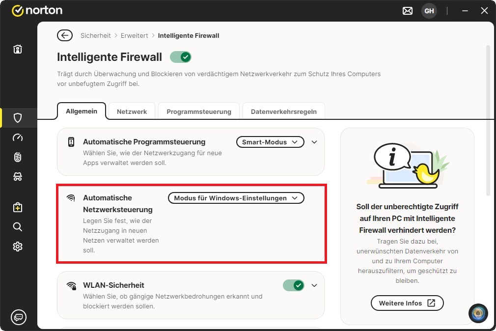 Bei der "Automatischen Netzwerksteuerung" setzen Sie den "Modus für Windows-Einstellungen".