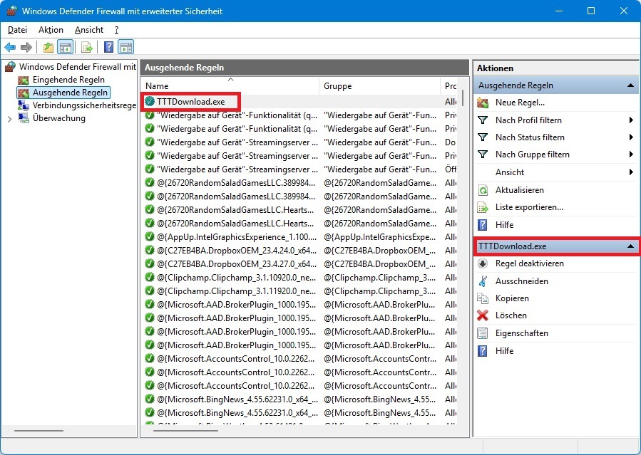 Die Regel "TTTDownload.exe" ist fertig.