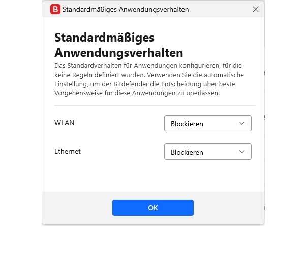 Wenn das Standardverhalten auf "Blockiert" eingestellt ist, können Sie es zurücksetzen.