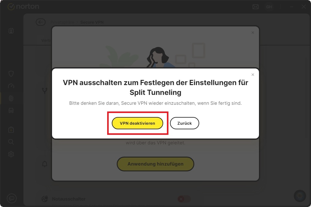 Um eine Anwendung hinzufügen zu können, müssen Sie VPN vorübergehend ausschalten.