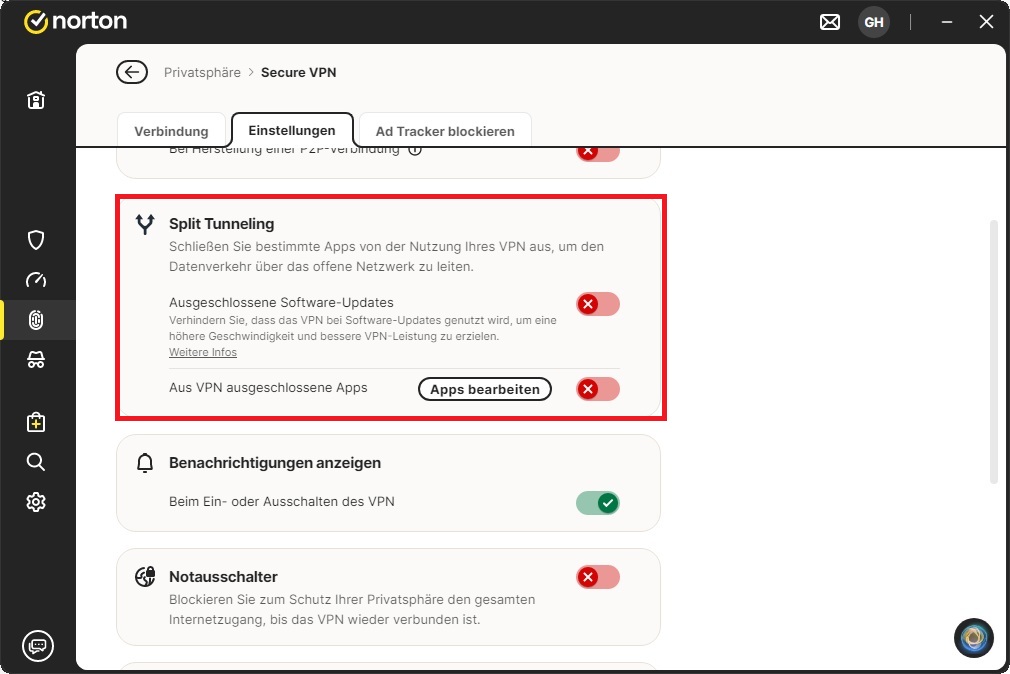 Scrollen Sie nach unten, bis der komplette Block "Split Tunneling" sichtbar ist und klicken Sie auf "Apps bearbeiten".