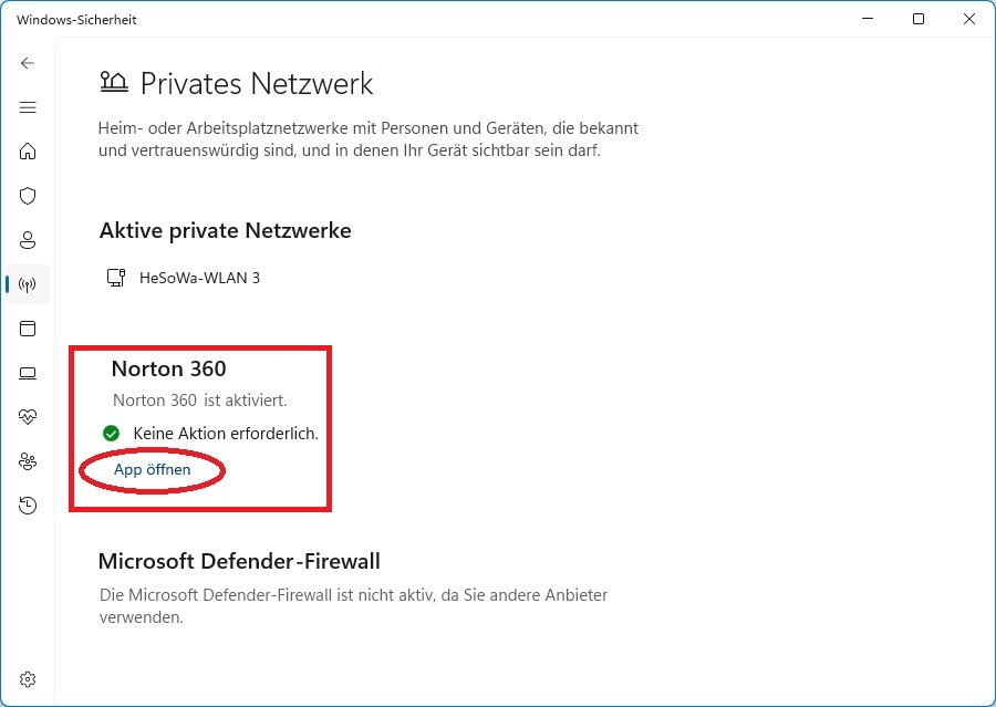 Es wird angezeigt, dass "Norton 360" aktiviert ist. Klicken Sie auf "App öffnen".