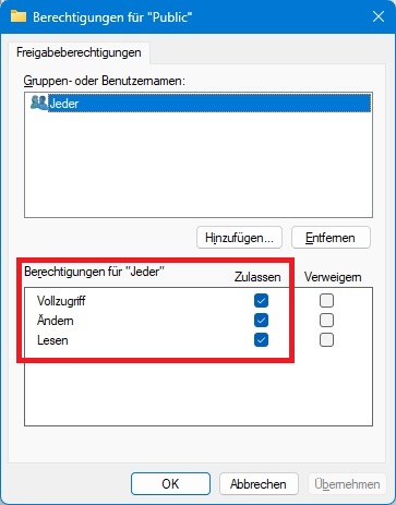 Überprüfen Sie, ob die Gruppe "Jeder" die Berechtigung "Vollzugriff" hat.