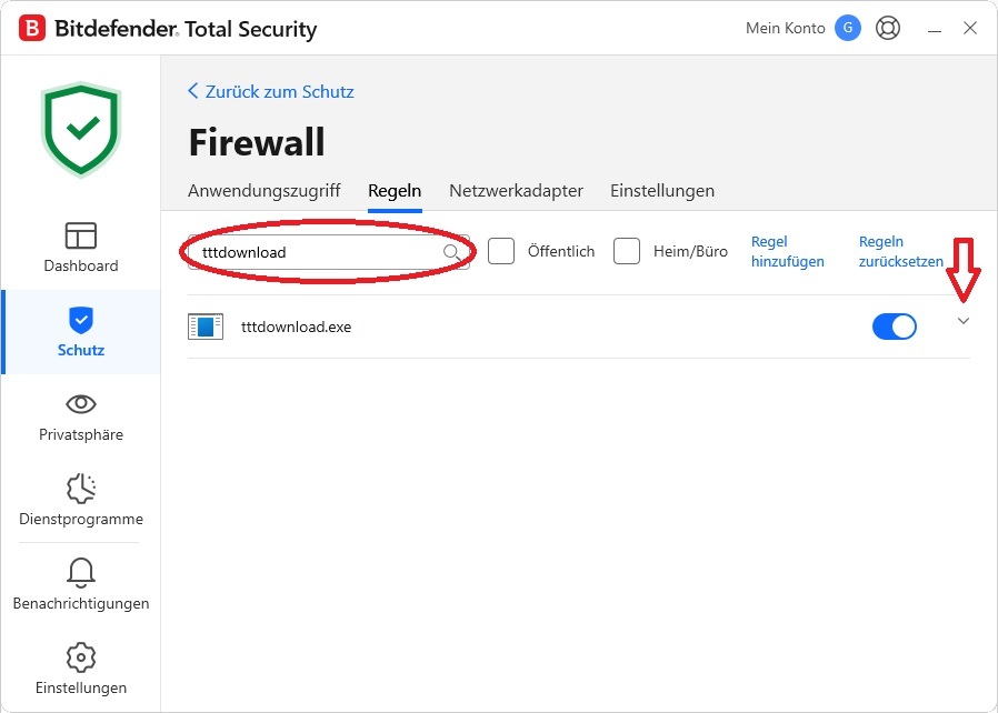 Geben Sie im Suchfeld "tttdownload" ein. Wenn der Eintrag "tttdownload.exe" erscheint, überprüfen Sie die betreffende Regel, indem Sie auf der rechten Seite auf das Symbol "v" drücken.