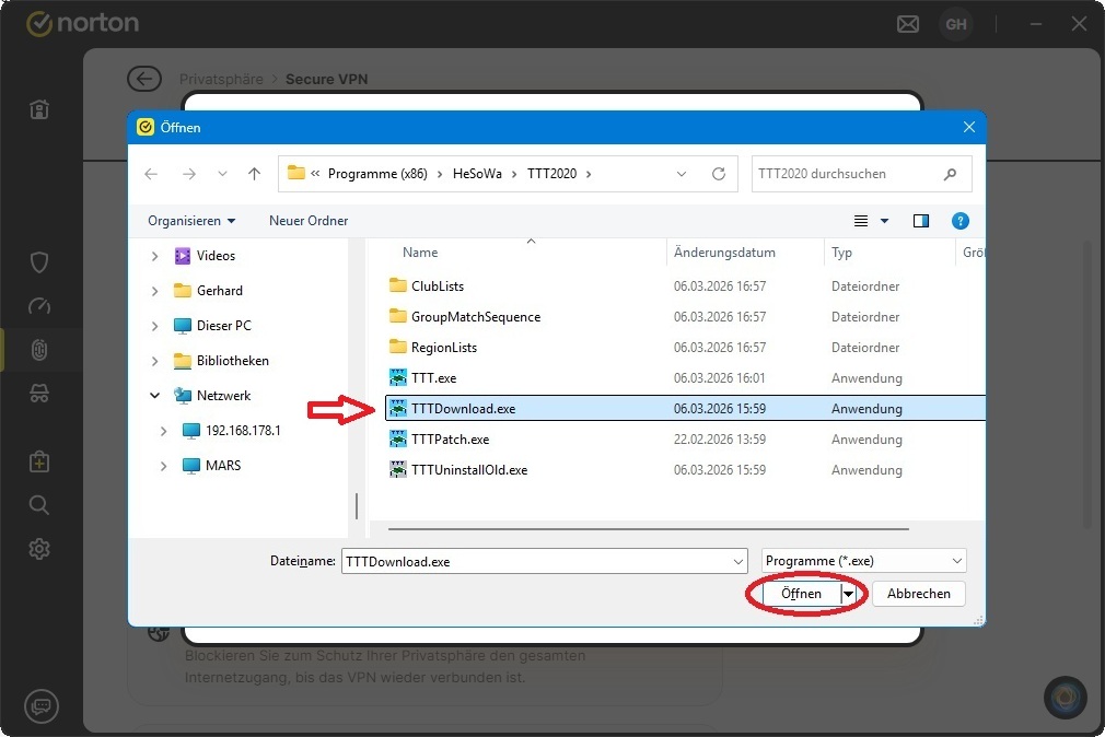 Wählen Sie dann im Verzeichnis "C:\Programme (x86)\HeSoWa" das Programm "TTTDownload.exe" aus.