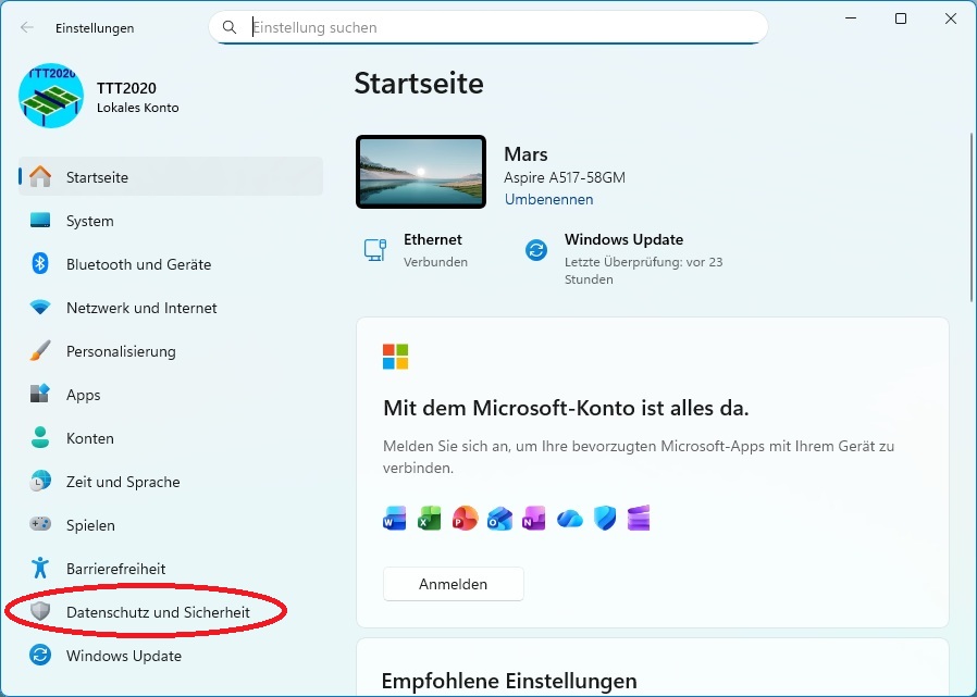 Auf der Startseite der Windows-Einstellungen rufen Sie "Datenschutz und Sicherheit" auf.