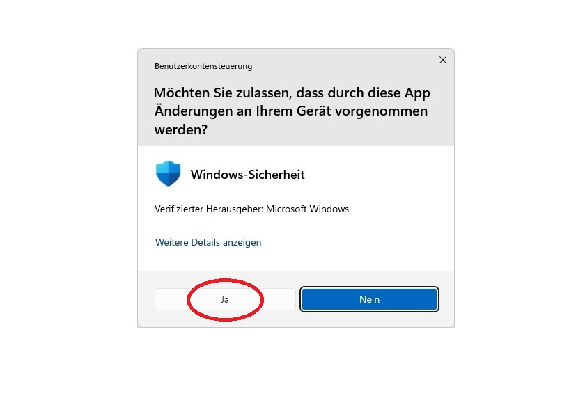 Erlauben Sie, dass Windows Änderungen am Gerät vornehmen darf.