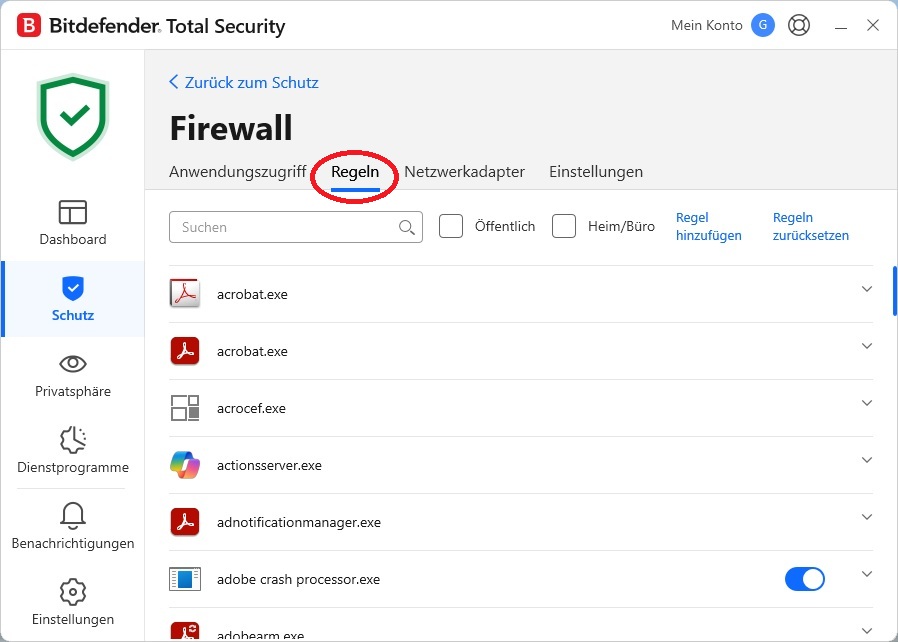 Wählen Sie im "Firewall" die Karte "Regeln" aus.