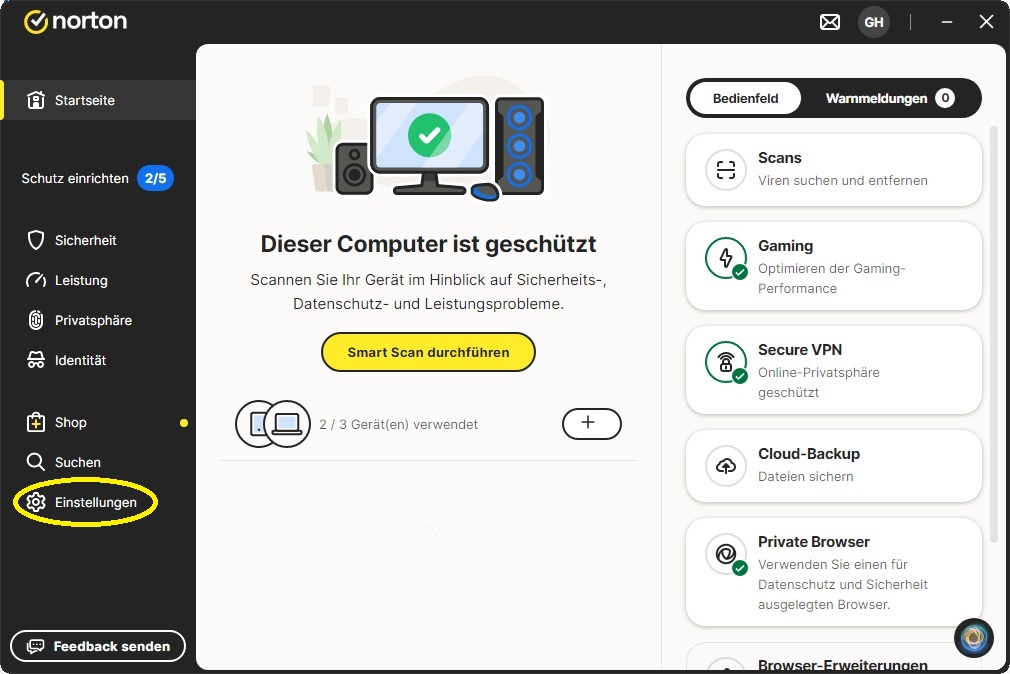 Die Startseite der Norton-360-App wird geöffnet. Klicken Sie auf der linken Seite unten auf "Einstellungen".
