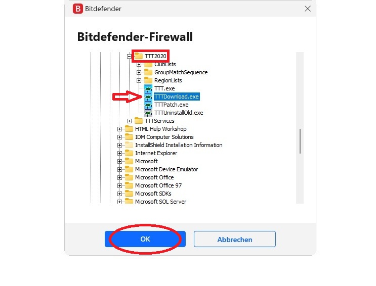 Öffnen Sie nacheinander alle Unterverzeichnisse, bis Sie "TTT2020" erreicht haben. Selektieren Sie dort die Datei "TTTDownload.exe" und klicken Sie auf "OK".