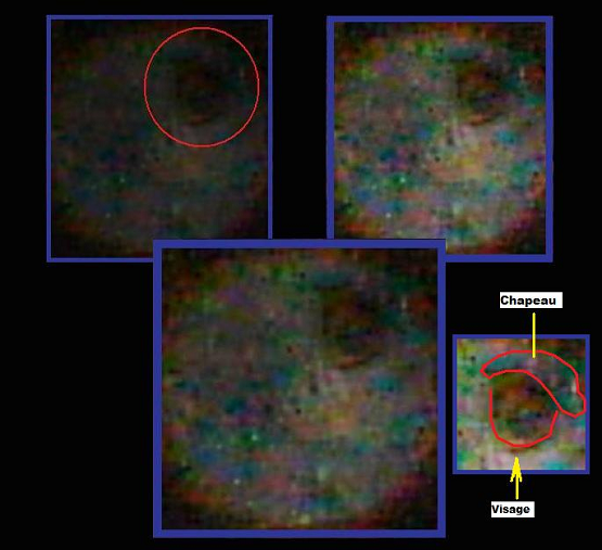 La photo encerclée de rouge est agrandie sans retouche. Les deux autres ont également été agrandies, avec une légère augmentation de la luminosité pour mieux distinguer les détails. On croit y apercevoir une femme de profil, coiffée d’un chapeau d’époque.
