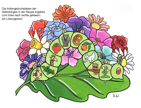 Worträtsel in einer Raupe mit großem Blatt und Blüten, Biderrätsel