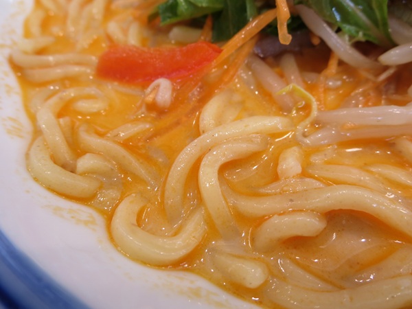 リンガーハットの麻婆なすの冷やし担々ちゃんぽんの麺の近影画像。