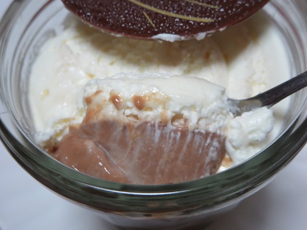 モロゾフの濃密プレミアムチョコレートプリンの下のチョコレートの層を掬った状態の近影写真。