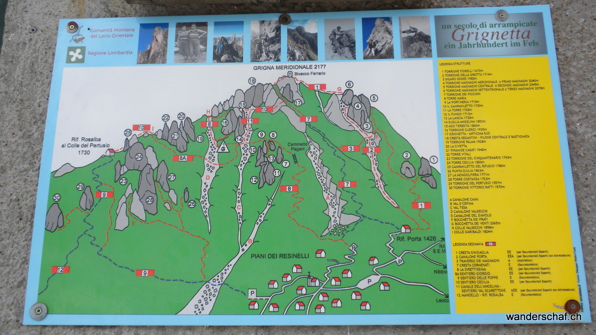 Übersicht über die Wanderwege und Klettergebiete an der Grignetta