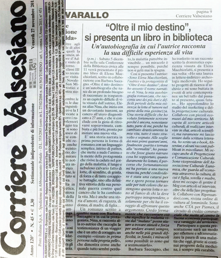 Corriere Valsesiano, 27 Novembre 2015, a cura di Piera Mazzone