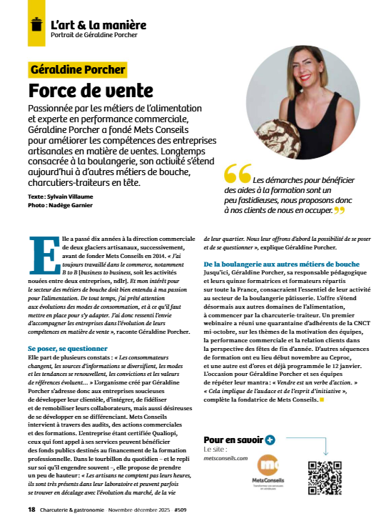 Géraldine Porcher, fondatrice de Mets Conseils, dans Charcuterie & Gastronomie
