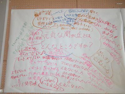 この模造紙は「元気な関が丘はどんなところですか？」というテーマ。普段市民活動センターが行っているような会議の「見える化」が関が丘で行われていたことに驚かされました。保険センターの方が主に書いた他、地域の方も模造紙に意見を書いたそうです。素晴らしい！