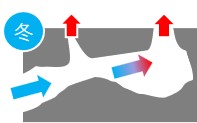 冬の気流の流れ。下側にある穴から冷たい外気が入り、内部であたたまって上の隙間へ流れていく。