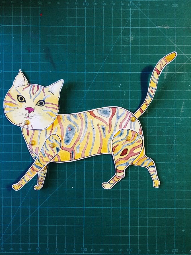 'Chat'Marionnette sur papier - encre de chine noire - aquarelle - pastels -