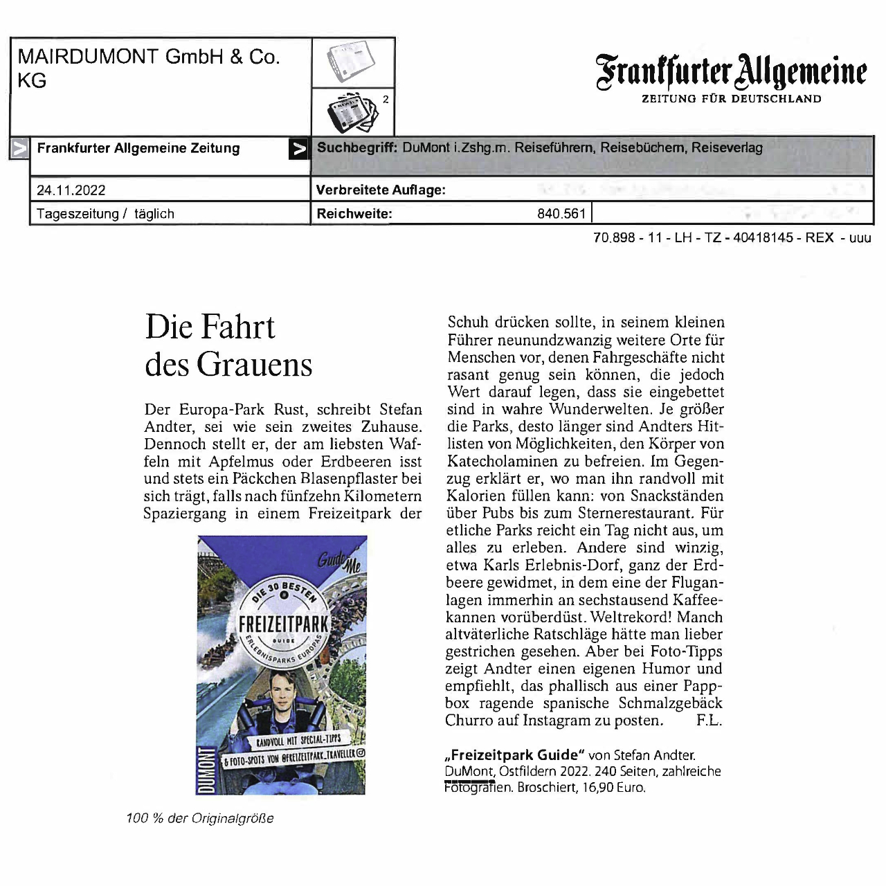 Freizeitpark Guide in der Frankfurter Allgemeine Zeitung
