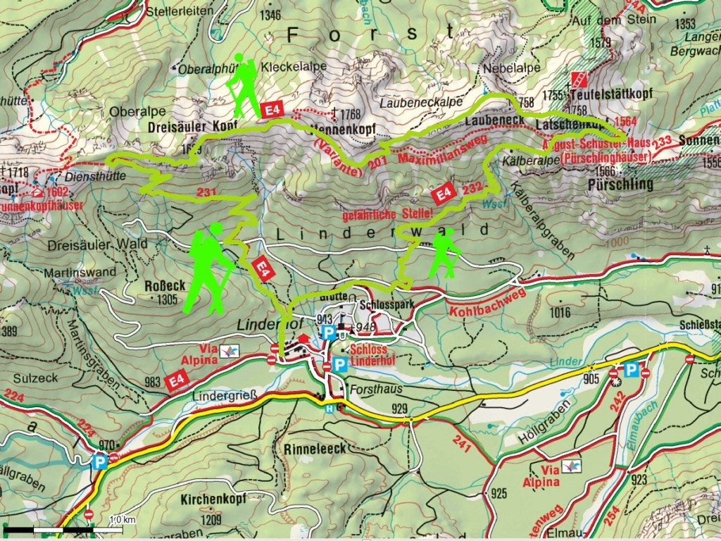 Unsere Wanderung beginnt am Schloß  Linderhof (Parkgebühr) .Straff geht es durch urwüchsigen Bergwald hinauf zu den Pürschlinghäusern. Waren anfangs die Gipfel noch frei, so ziehen bereits jetzt am Vormittag zunehmend Wolken auf. Aber ein Blick zur Zugspi