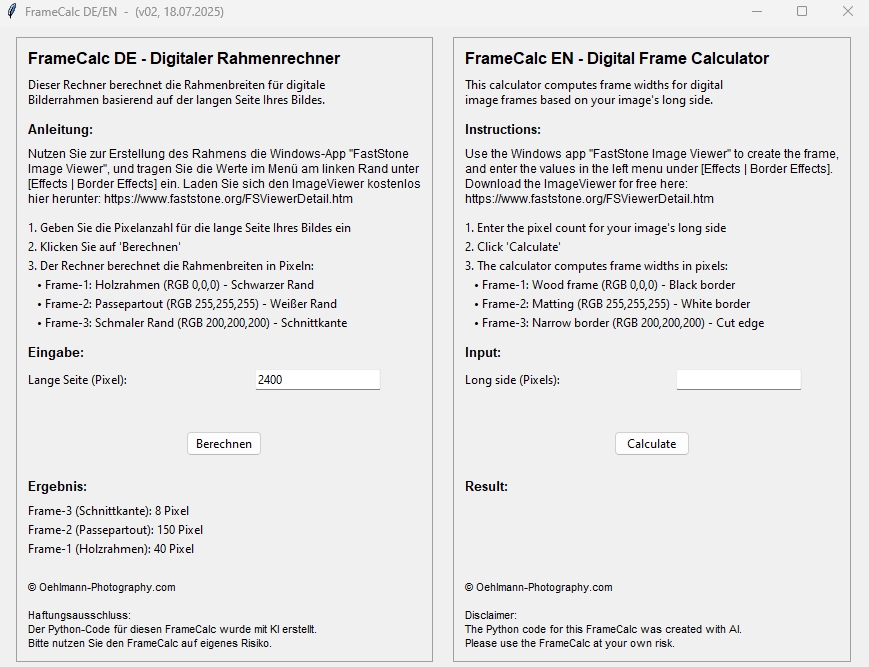 Screenshot der App FrameCalc zur Berechnung von digitalen Rahmen, Dr. Ralph Oehlmann, Oehlmann-Photography