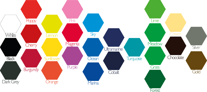 Colours for vinyl sticker options: White, Black, Poppy, Cherry, Burgundy, Lemon, Sunflower, Orange, Pink, Magenta, Purple, Sky, Ocean, Marina, Ultramarine, Cobalt, Turquoise, Lime, Meadow, Grass, Forest, Cream, Chocolate, Silver & Gold.