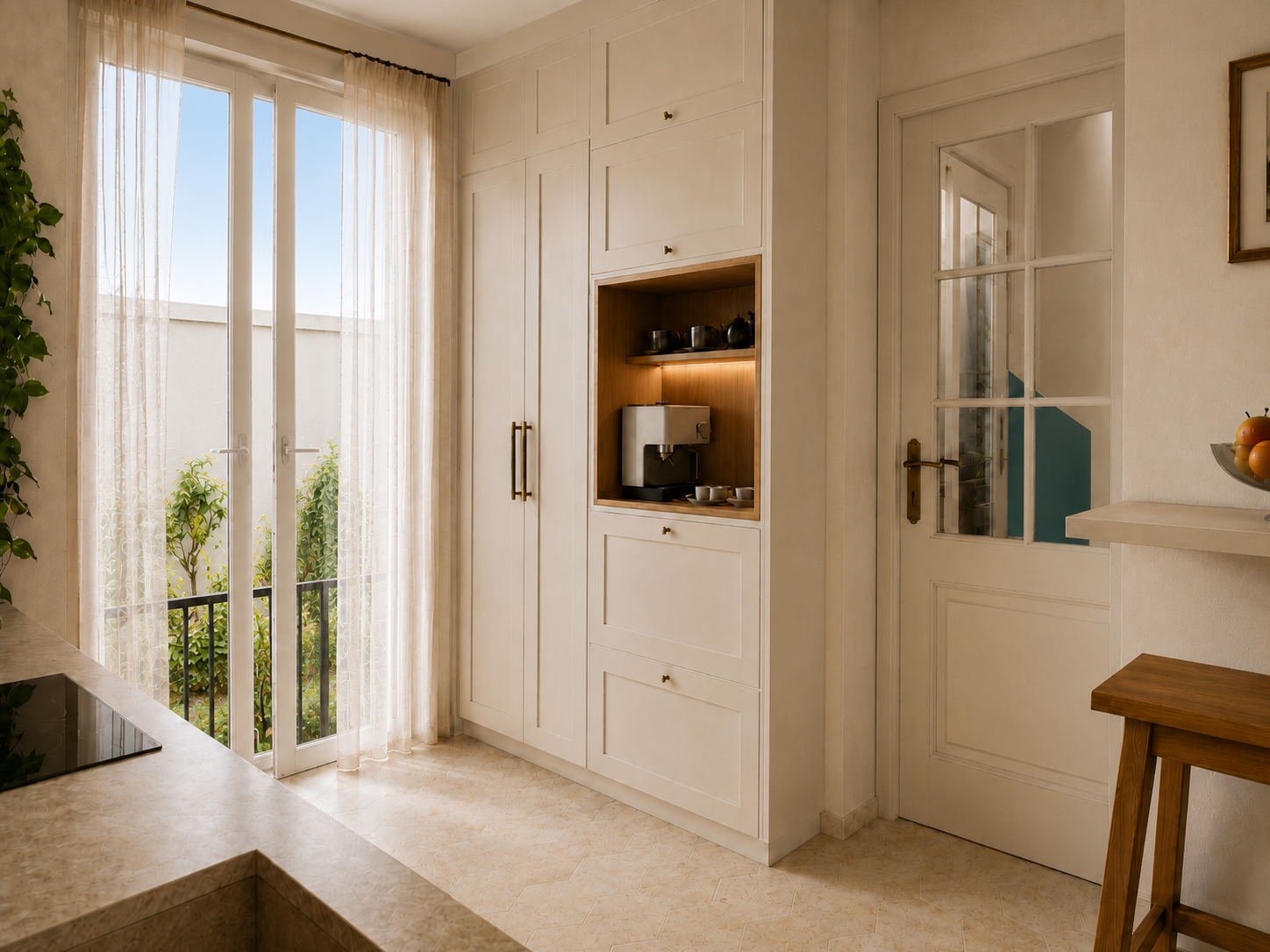Cuisine agrandie après déplacement des WC dans le couloir, avec une double porte-fenêtre ouvrant sur le jardin.