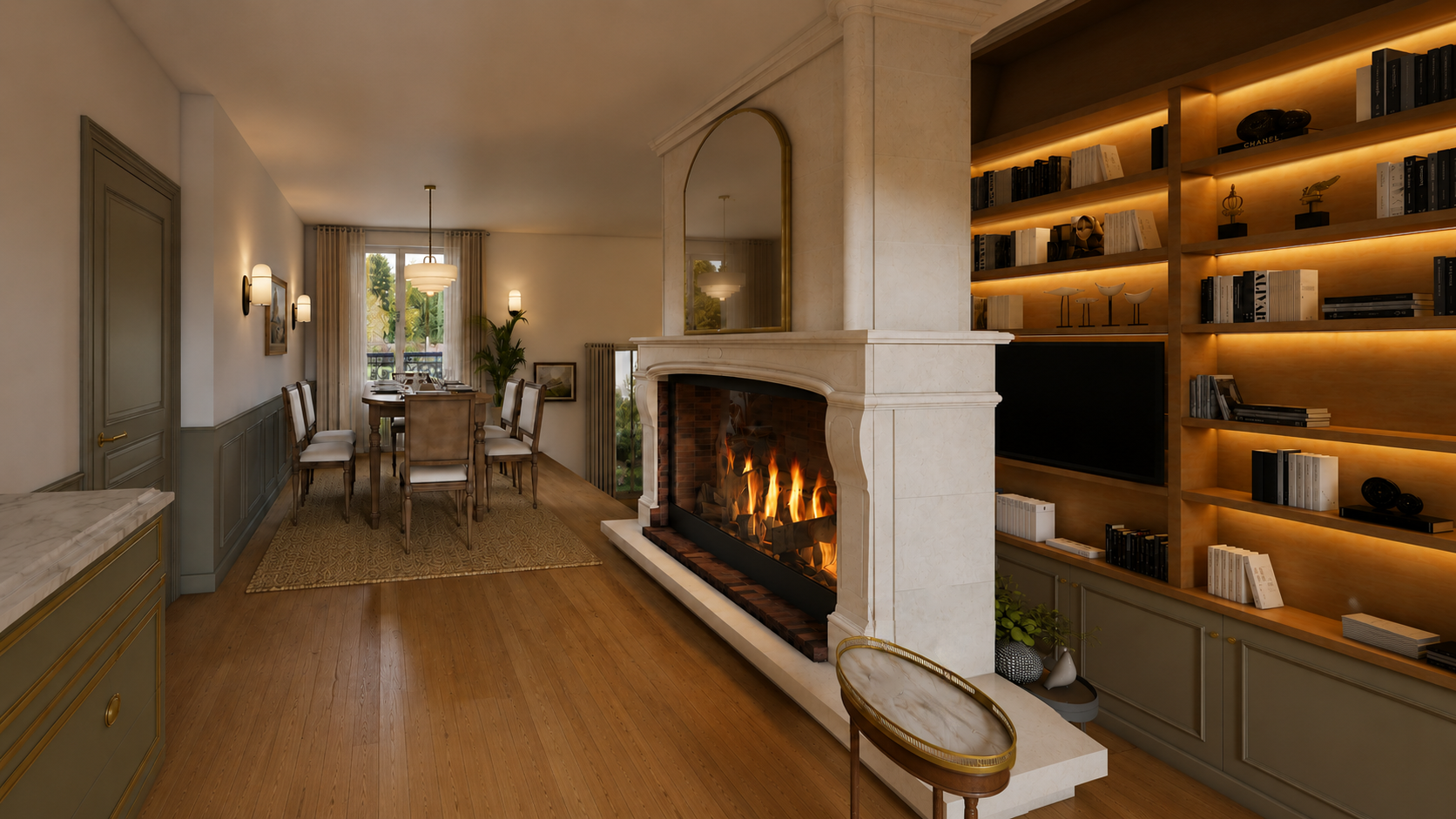 Pièce de vie après extension, avec salle à manger de 18 m² et salon de 17 m² en contrebas.