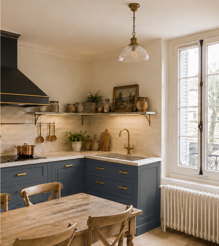 Seconde vue de la cuisine rénovée et agrandie dans une maison de maître de l’Oise.
