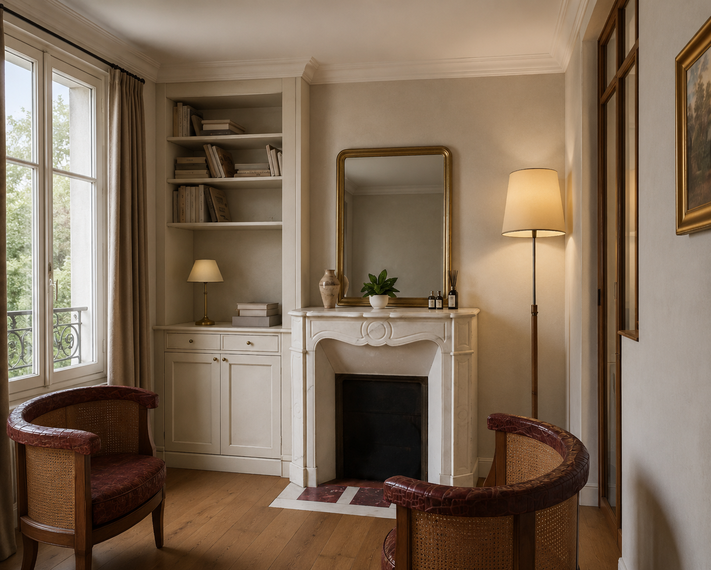 Bureau rénové près de la cuisine, avec une ambiance calme et chaleureuse respectant le caractère de la maison. 