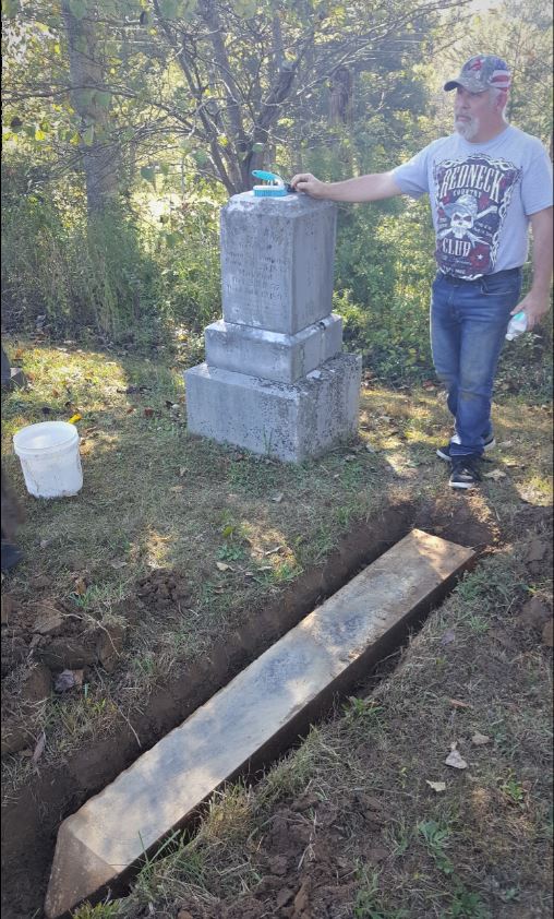 Troy Helton unearthed the obelisk for this monument. Dave Masterson is cleaning with D2. The family requested the obelisk be remounted. Plans underway. Photo courtesy of Tina Mitchell Boutall. 14 Oct 2017