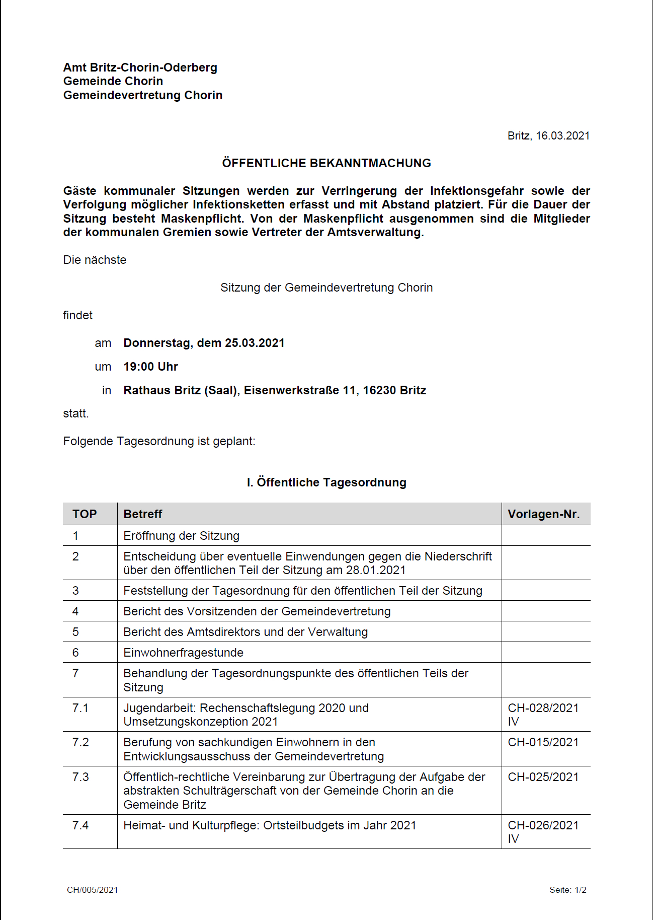 Tagesordnung Amt BCO 2021-03-25