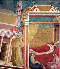 教皇インノケンティウス3世の見た夢。フランシスコがラテラノ大聖堂を肩で担う。ジョット画。1305年