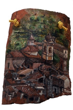 Tetti di Borgo Velino, 2012. Acrilico su coppo antico.