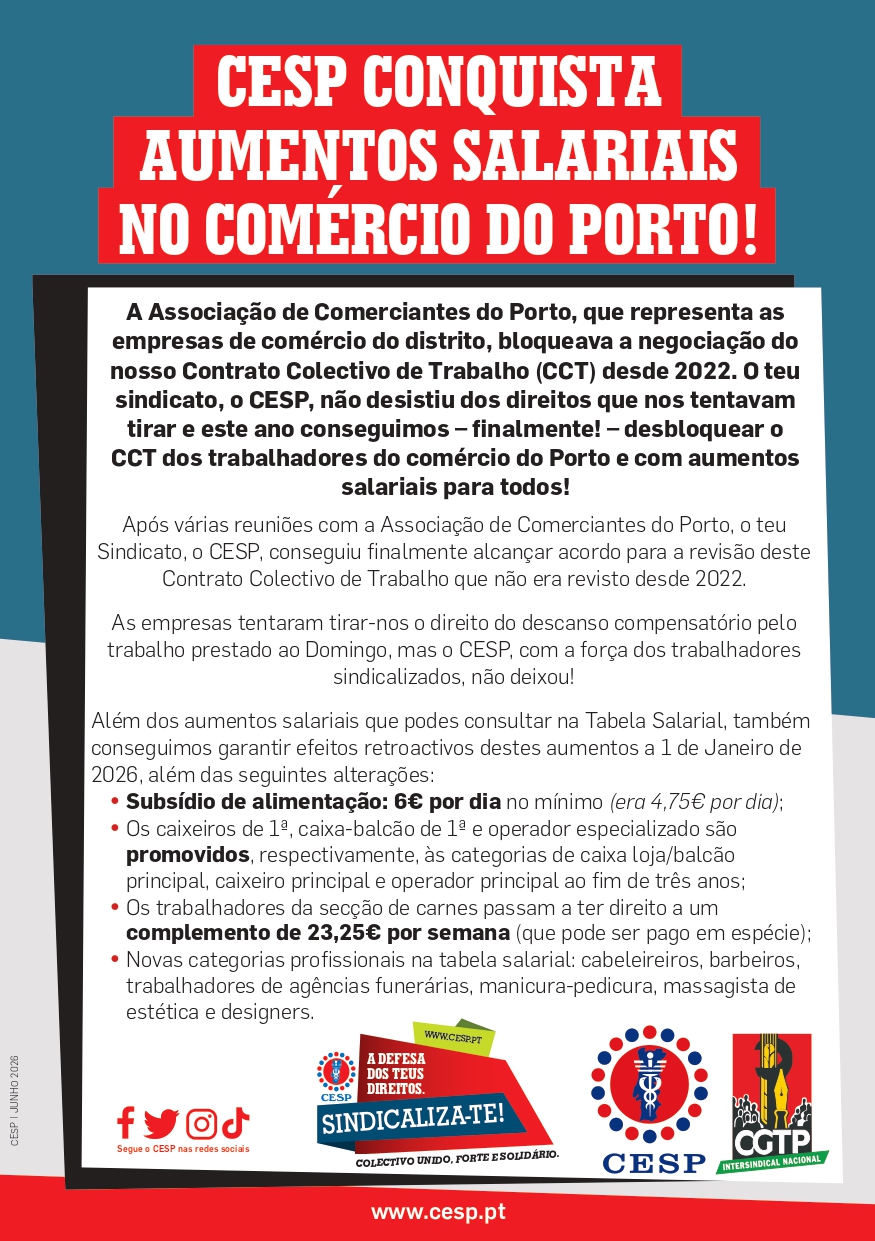 CESP CONQUISTA AUMENTOS SALARIAIS NO COMÉRCIO DO PORTO!