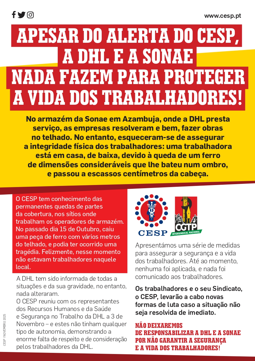 APESAR DO ALERTA DO CESP, A DHL E A SONAE NADA FAZEM PARA PROTEGER A VIDA DOS TRABALHADORES!