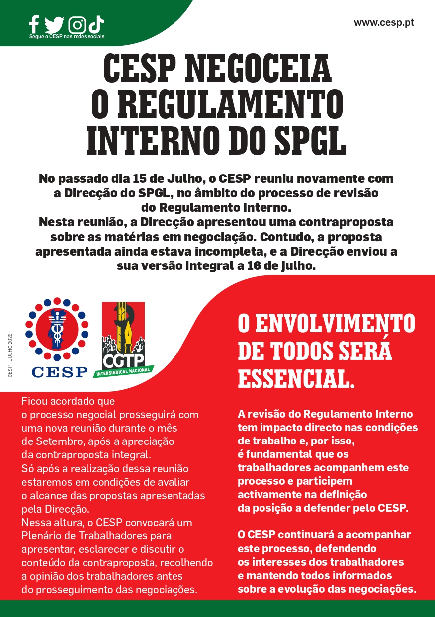 CESP NEGOCEIA O REGULAMENTO INTERNO DO SPGL
