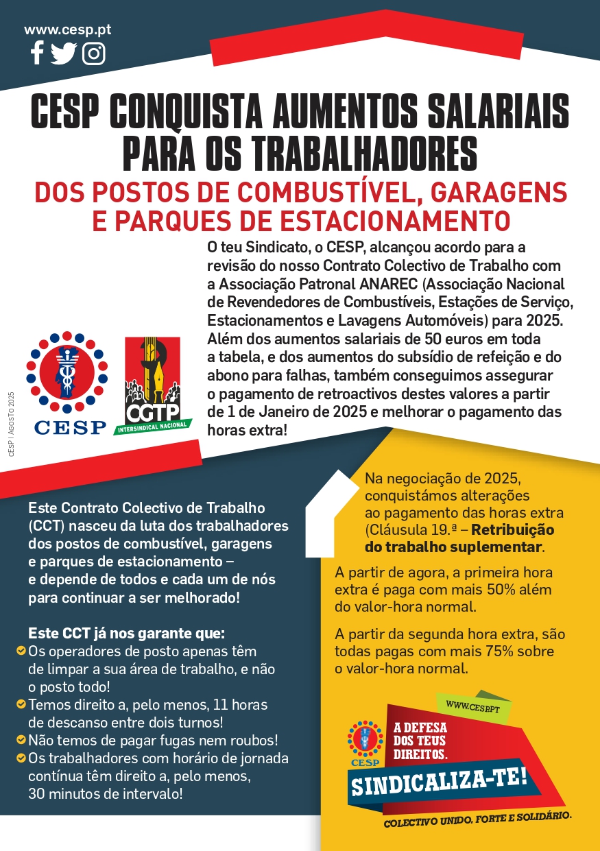 CESP CONQUISTA AUMENTOS SALARIAIS PARA OS TRABALHADORES DOS POSTOS DE COMBUSTÍVEL, GARAGENS E PARQUES DE ESTACIONAMENTO