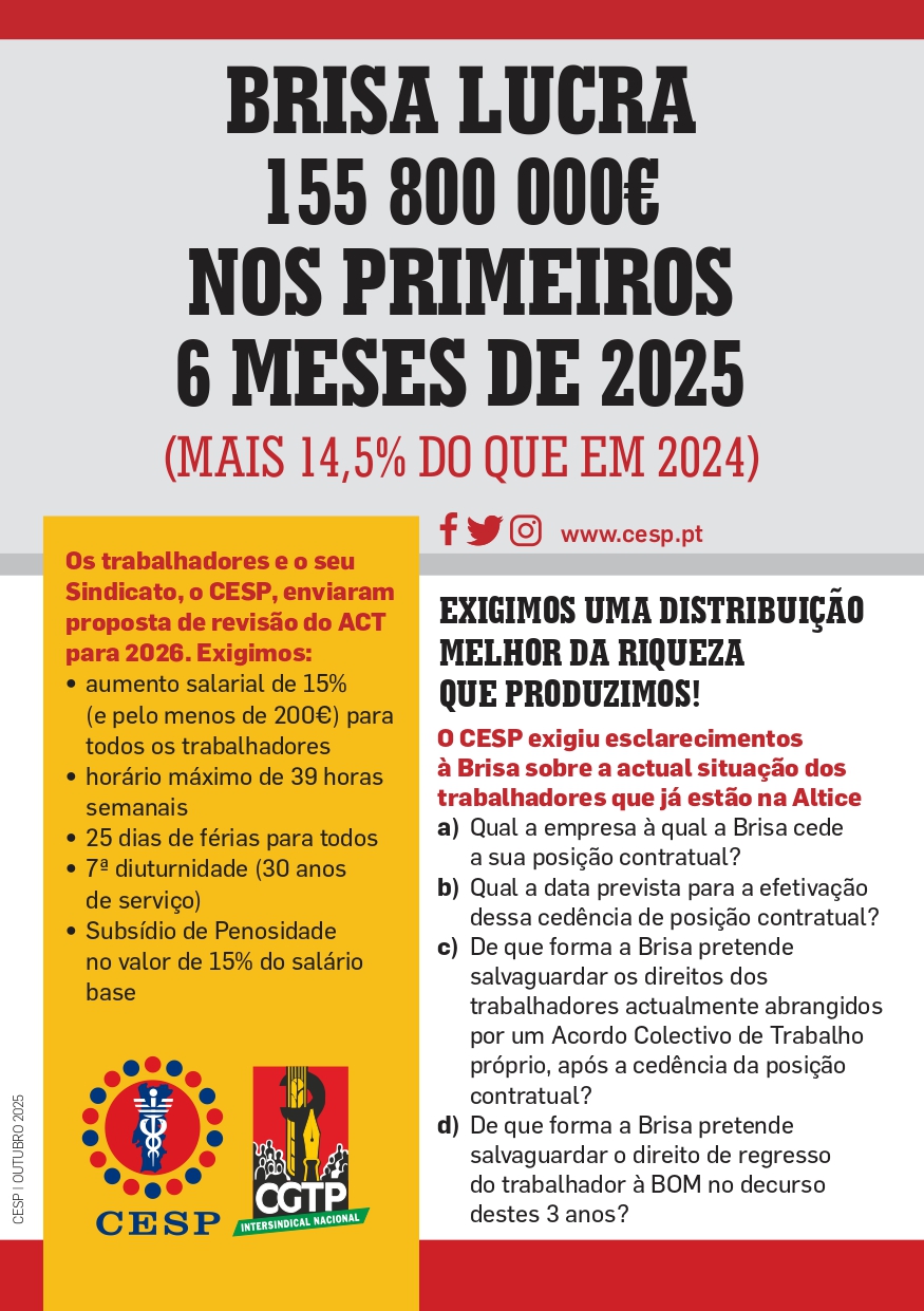 BRISA LUCRA 155 800 000€ NOS PRIMEIROS 6 MESES DE 2025. EXIGIMOS UMA DISTRIBUIÇÃO MELHOR DA RIQUEZA QUE PRODUZIMOS!